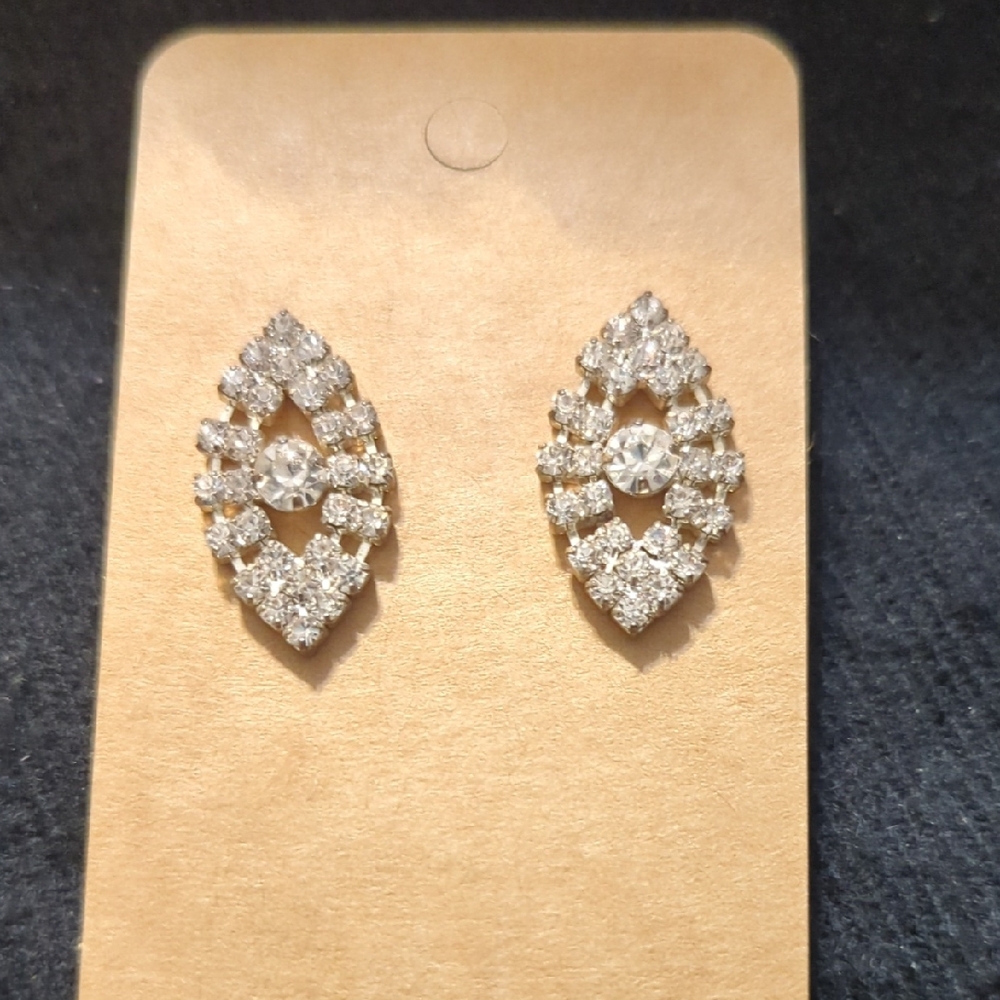 Vintage Silver Tone Clear Rhinestone Stud Statement Earrings